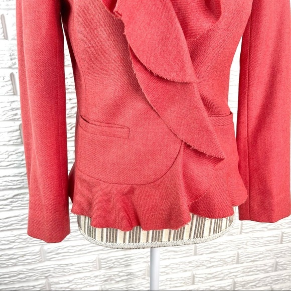 J.Crew Dark Coral Faded Red Ruffled Wool Blazer with Raw Edge Ruffled Trim Sz 0 - Picture 3 of 6